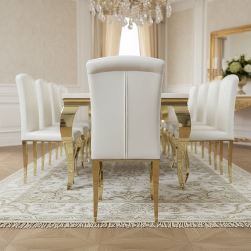 طاولة طعام مستطيلة أبيض وذهبي – مساحة أنيقة لعائلا...