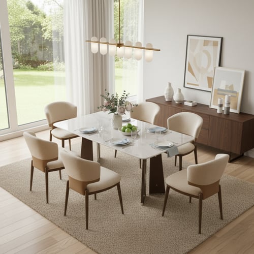 طقم طاولة طعام رخام أبيض مع قاعدة خشب والنت – 4 أش...