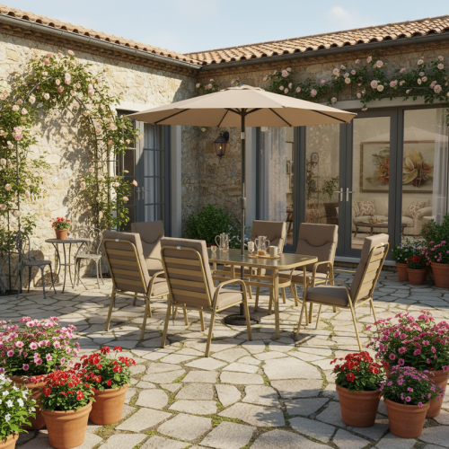 طقم طاولة سفرة خارجية بيج وذهبي مع مظلة – فخامة ور...