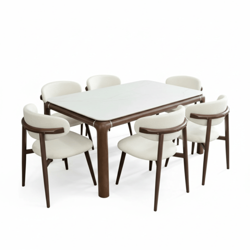 طقم طاولة طعام رخام أبيض مع قاعدة خشب – 6 أشخاص