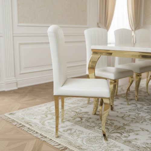 طاولة طعام مستطيلة أبيض وذهبي – مساحة أنيقة لعائلا...