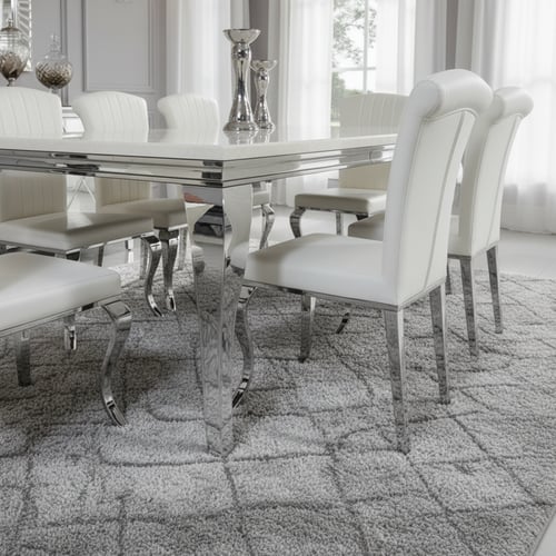 طاولة طعام مستطيلة أبيض وفضي – أناقة واسعة لعائلة...