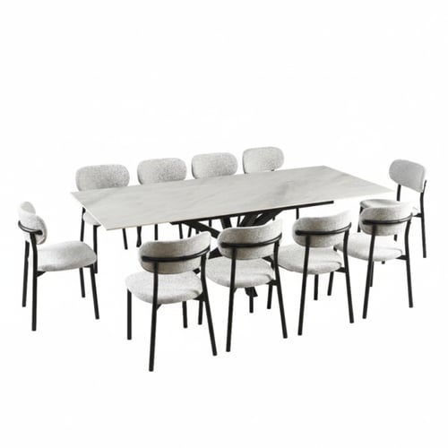 قم طاولة طعام سيراميك رمادي مستطيل – طاولة + 10 كر...