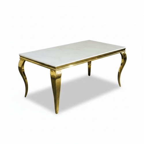 طاولة طعام مستطيلة أبيض وذهبي – مثالية للعائلة الم...