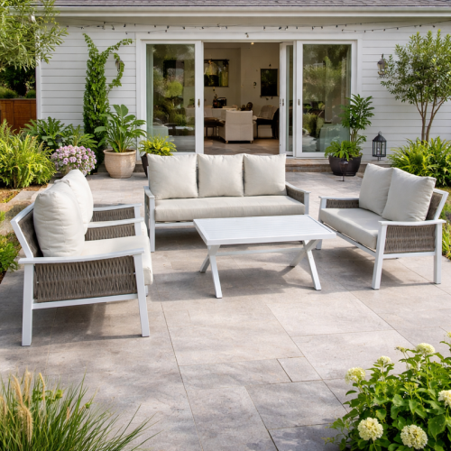 طقم كنب خارجي 7 مقاعد مع طاولة – أبيض × بيج (معدن...