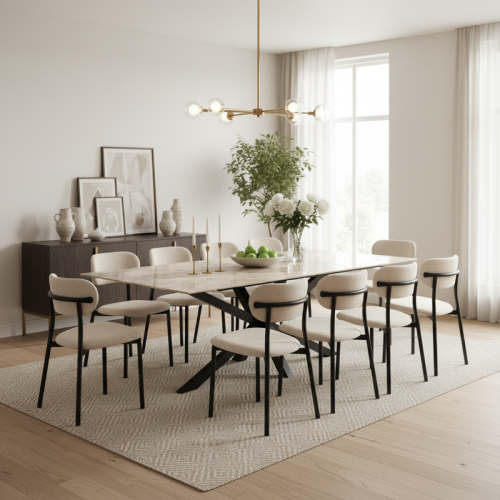 طقم طاولة طعام سيراميك بيج مستطيل – طاولة + 10 كرا...