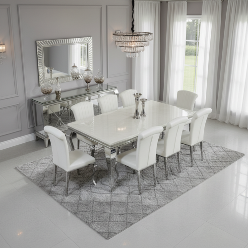 طاولة طعام مستطيلة أبيض وفضي – أناقة واسعة لعائلة...