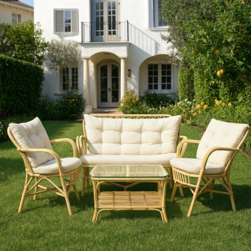 طقم جلسة خيزران طبيعي بلون بيج وأوف وايت بتصميم أن...