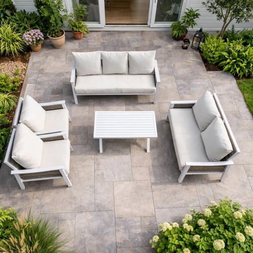 طقم كنب خارجي 7 مقاعد مع طاولة – أبيض × بيج (معدن...