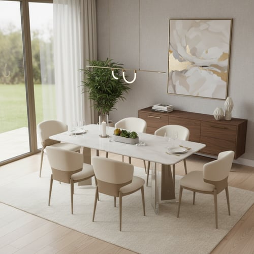 طقم طاولة طعام رخام بيج مستطيل فاخر – يتسع لـ 6 أش...