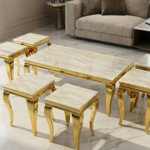 طقم طاولات شاي رخام فاخر 1+6 بإطار ذهبي – تصميم مل...