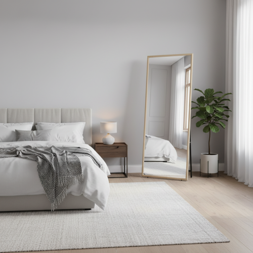 مرآة أرضية بإطار خشبي طبيعي – تصميم مستطيل عصري