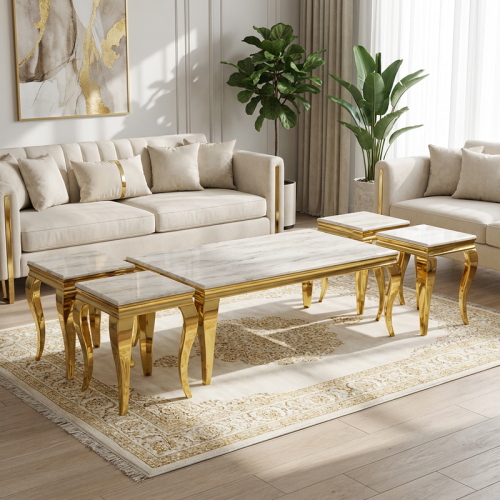 طقم طاولات شاي ملكي رخام مع 4 طاولات جانبية – لون...