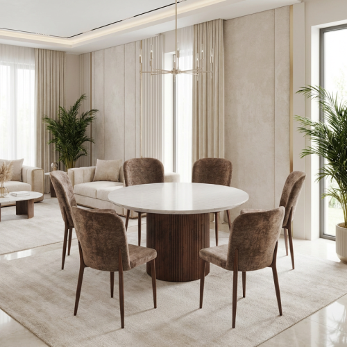 طقم طاولة طعام بني دائري مع 6 كراسي – اختيار أنيق...