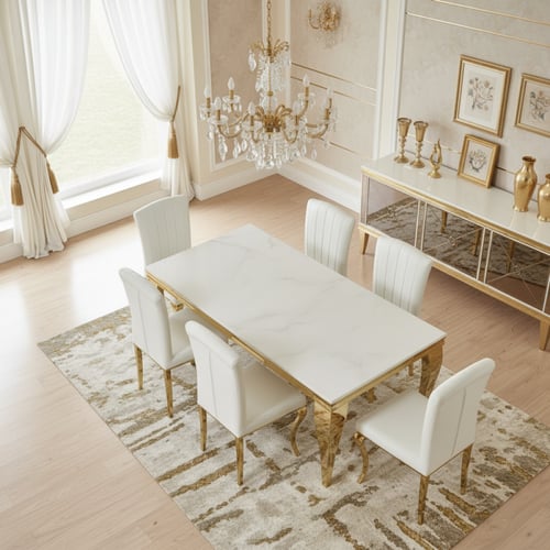 طاولة طعام مستطيلة أبيض وذهبي – مثالية للعائلة الم...