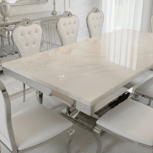 طاولة طعام مستطيلة أبيض وفضي – تصميم عصري مع تفاصي...
