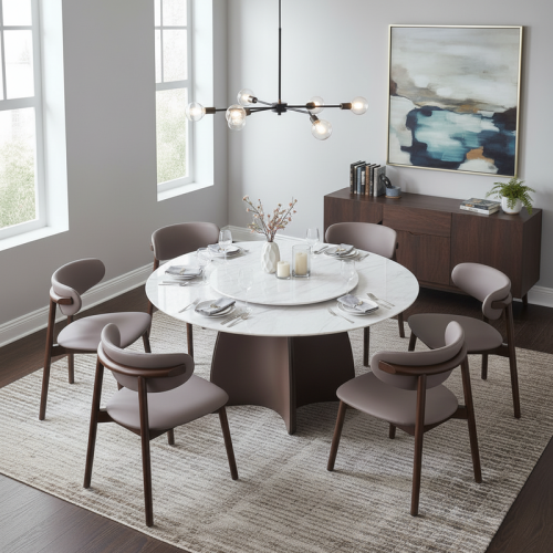 طاولة طعام دائرية بنية مع 6 كراسي – تصميم عملي لعا...