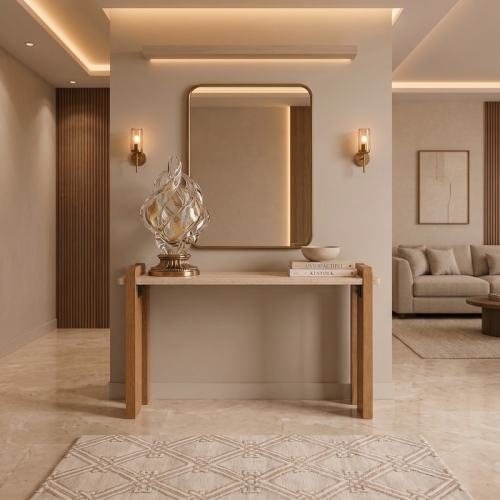 كونسول بيج وبني مستطيل بتصميم عصري وتشطيب يشبه الترافرتين، طاولة مدخل أنيقة