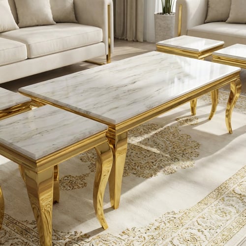 طقم طاولات شاي ملكي رخام مع 4 طاولات جانبية – لون...