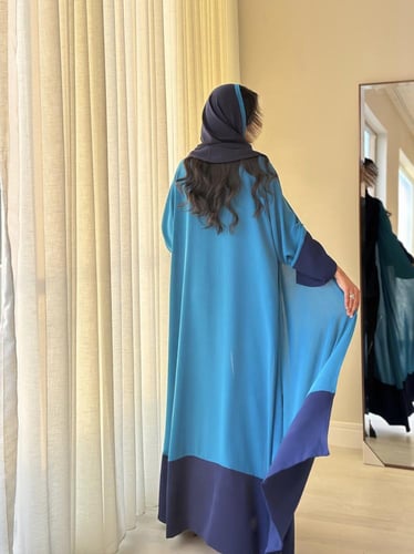 نص كلوش لينن تركواز وكحلي مع طرحة بطرف