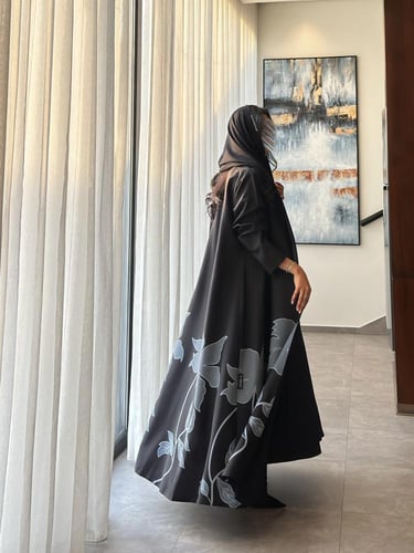 عباية كتان برسمة سماوي مطبوع نص كلوش