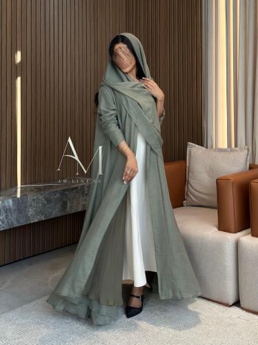 عباية تربل كلوش. لنن هندي مبطن بالشيفون لون زيتي فاتح