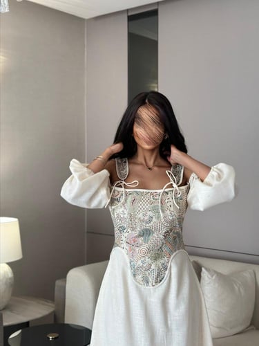 فستان جلابية لنن هندي سكري مشغول بالتطريز والشك وك...