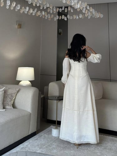 فستان جلابية لنن هندي سكري مشغول بالتطريز والشك وك...