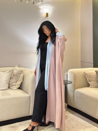 عباية دبل فيس شيفون وكريب لون وردي وسماوي قصة نص ب...