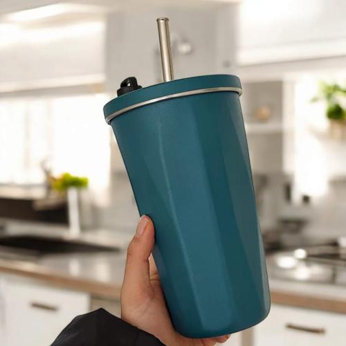 اكواب الاستيل بغطاء (12 قطعة) بتصميم أنيق بلون أخض...