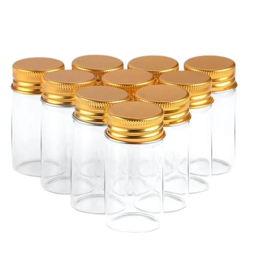 Transparent glass containers with gold lids (12 pi...