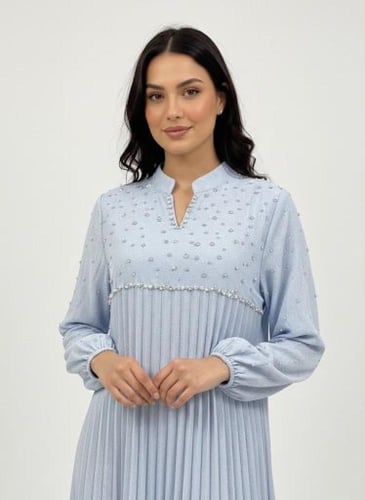 جلابية استايل كويتي ستاتي لون سماوي موديل CH6-84