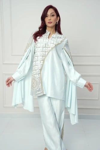 طقم بنطلون استايل تركي لون سماوي موديل CH6-3167A