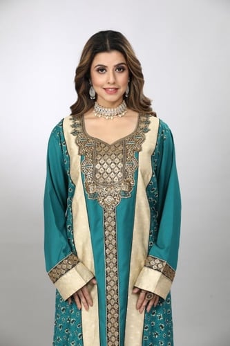 جلابية استقبال لون فيروزي بولستر وقطن موديل WS4-82