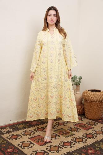 جلابية مدي استايل كويتي لون اصفر موديل 2A5-6033