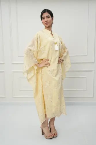 جلابية كويتي تصميم فراشة لون اصفر موديل CH6-79