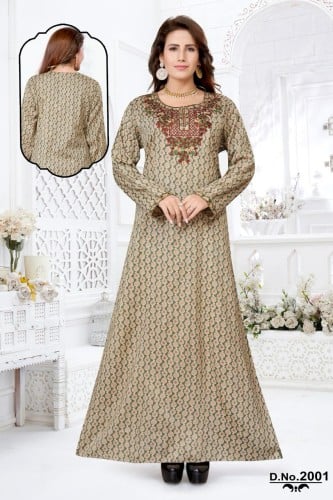 جلابية قطن منقوشة لون زيتي فاتح موديل KB-46