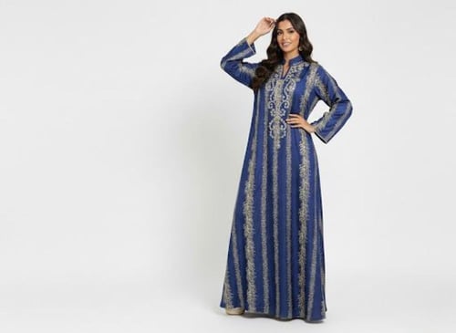 جلابية استايل كويتي ستاتي لون ازرق موديل CH6-109