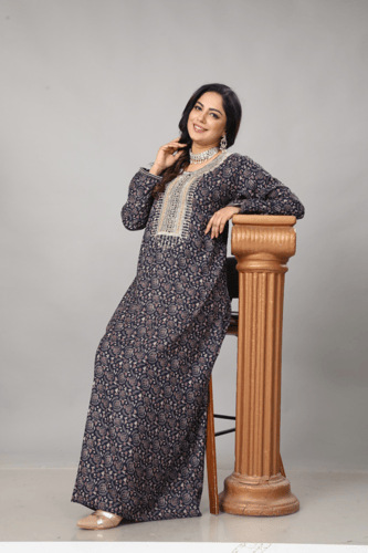 جلابية قطن كشميري لون كحلي صدرية موديل SX4-01