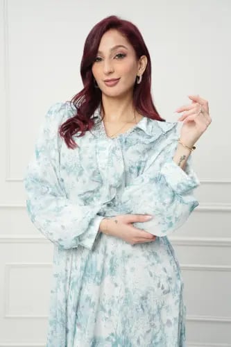 جلابية كويتي لون ابيض مع تركواز موديل CH5-13