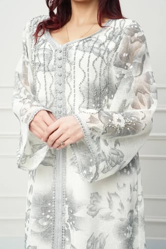 جلابية مغربي لون اوف وايت مع رمادي موديل CH6-70