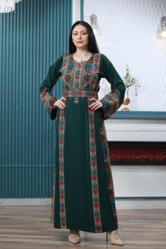 جلابية اردنية بحزام لون زيتي موديل JD4-14