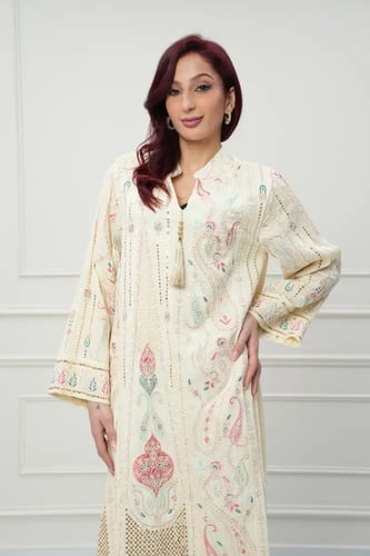 جلابية كويتي لون بيج فاتح موديل CH6-77