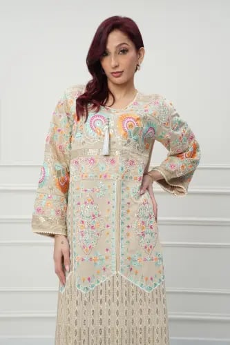 جلابية كويتي لون بيج فاتح موديل CH6-56