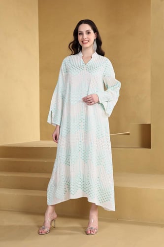 جلابية كويتي لون أوف وايت مع تركوازي موديل CH5-32A