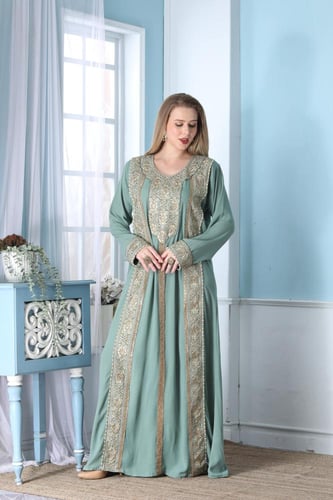 جلابية استايل اماراتي لون تيفاني فاتح موديل KK5-77