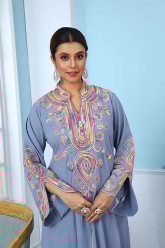 جلابية استايل مغربي لون سماوي موديل DB5-45