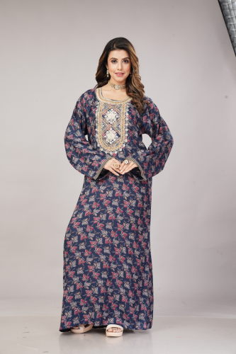 جلابية قطن كشميري كحلي تطريز حرير موديل SX4-08