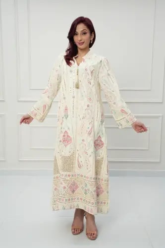 جلابية كويتي لون بيج فاتح موديل CH6-77