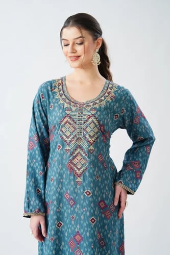 جلابية كشميري صدرية اردني لون بترولي موديل SQ6-196